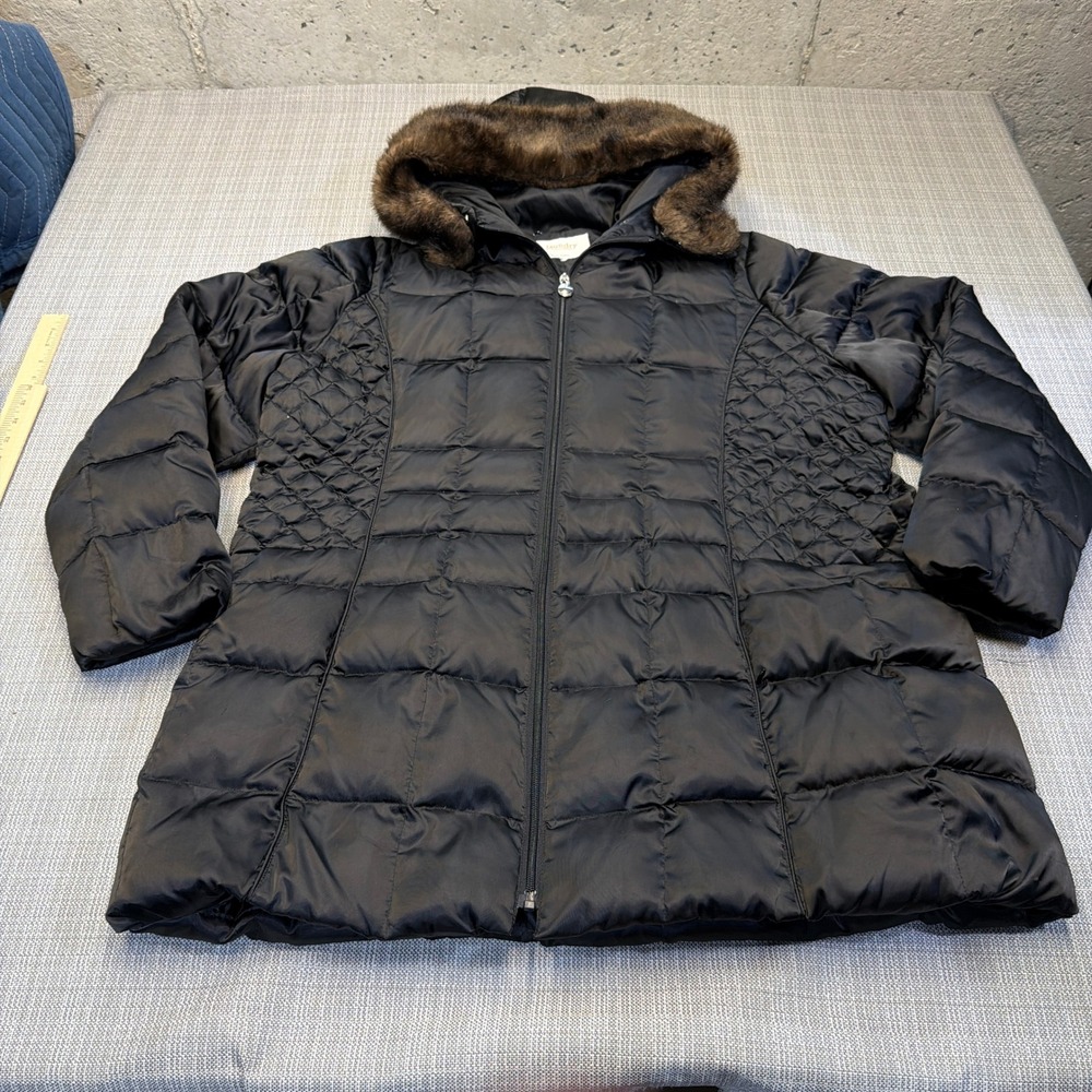 Laundry by Shelli Segal Black Down Puffer Jacket XL Faux Fur Hood Quilted